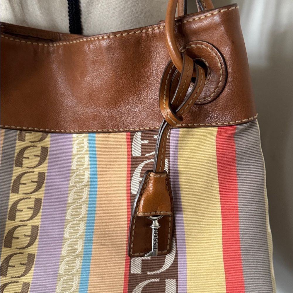 Fossil VINTAGE Textile and Leather Trim Striped Multicolor Shoulder HandBag GUC - Picture 9 of 13